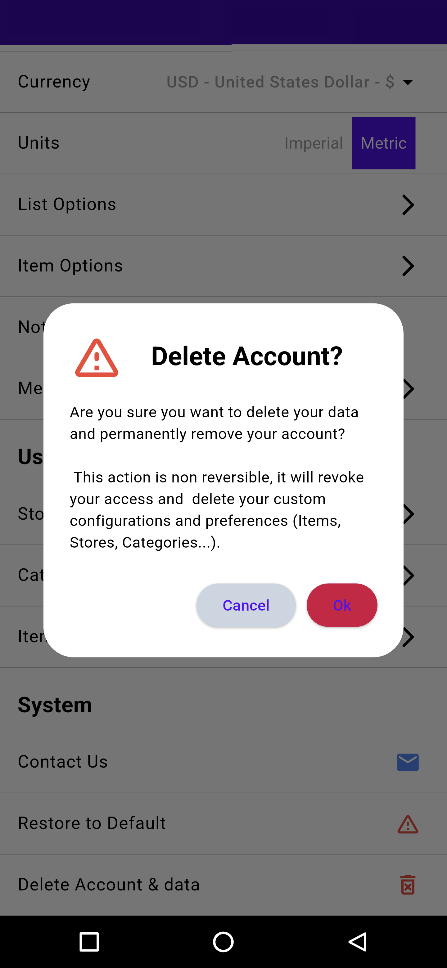 List Buddy Settings Screen showing delete account option